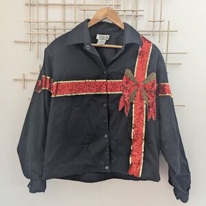VTG Miss Morgan Black Sequin Gift Bow Holiday Snap Up Shirt Jacket Women's Sz M